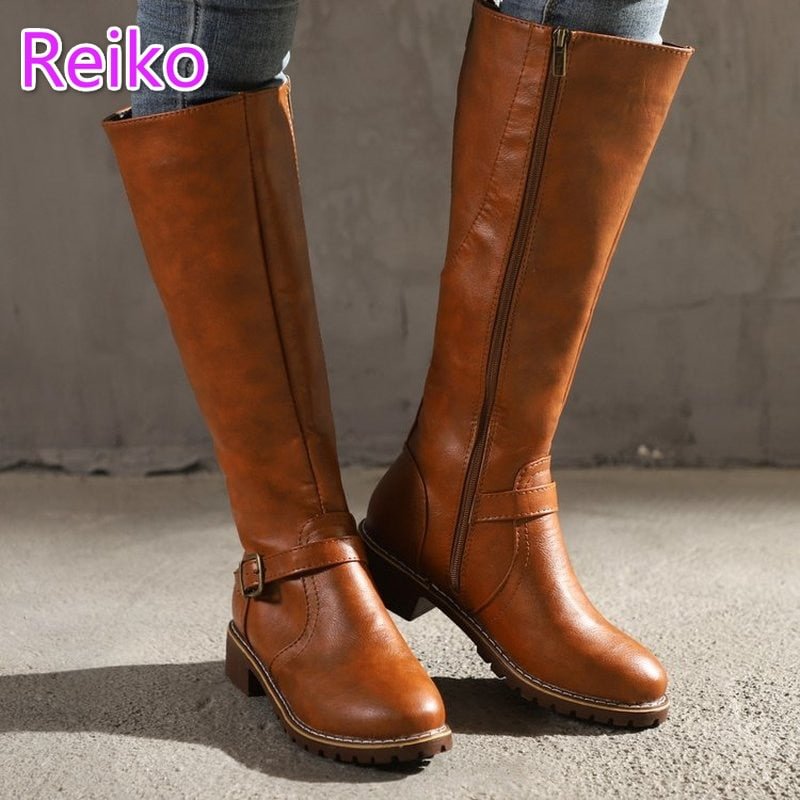 Autumn and winter new style round toe flat mid-length boots fashion slimming under-knee boots with belt buckle women's boots