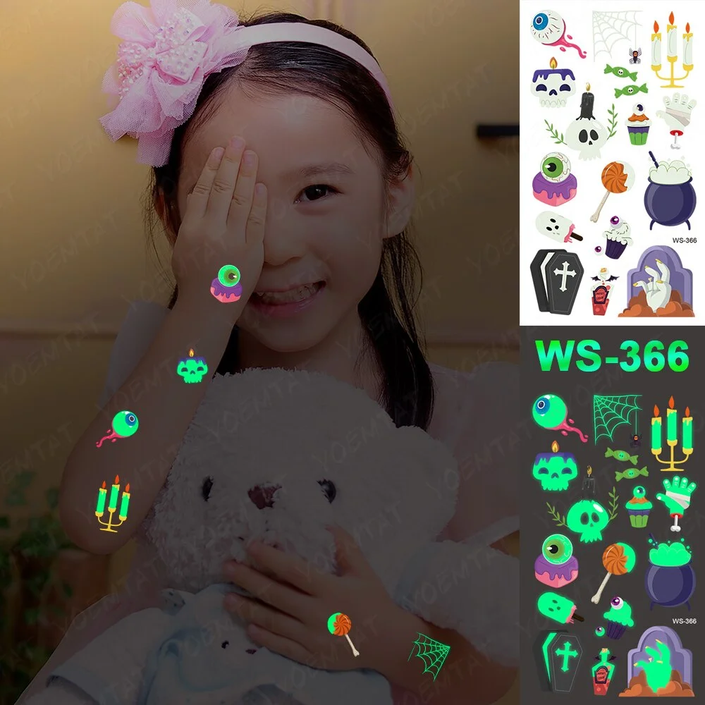 Sdrawing Temporary Luminous Tattoo Sticker Waterproof Pumpkin Skull Tatoo Arm Glowing Tattoos On Child Halloween Party Decor