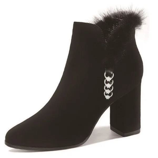 Black Rings Decorated Furry Block Heels Ankle Boots Nicepairs