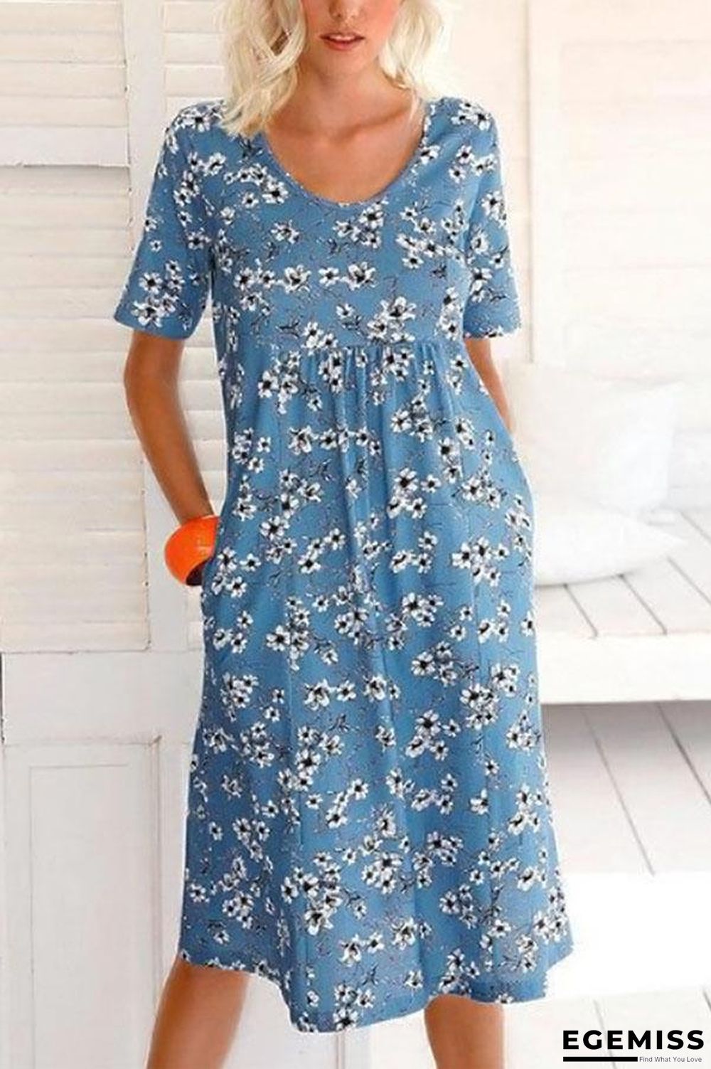 Casual Floral Print Paneled Pockets Short Sleeves Midi Dress | EGEMISS