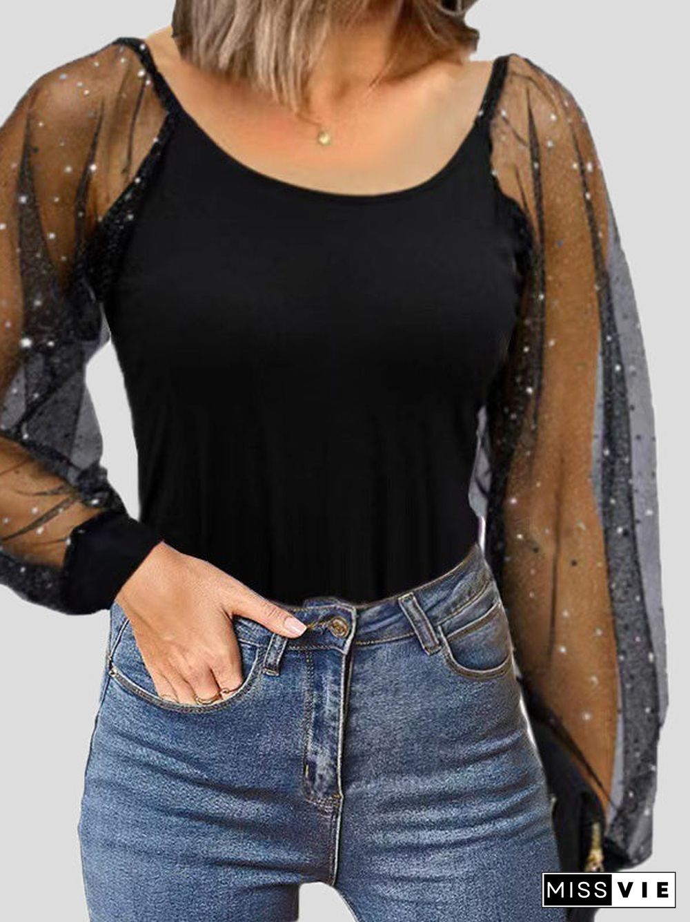 Women'S T-Shirts Loose Crew Neck Mesh Long Sleeve T-Shirt