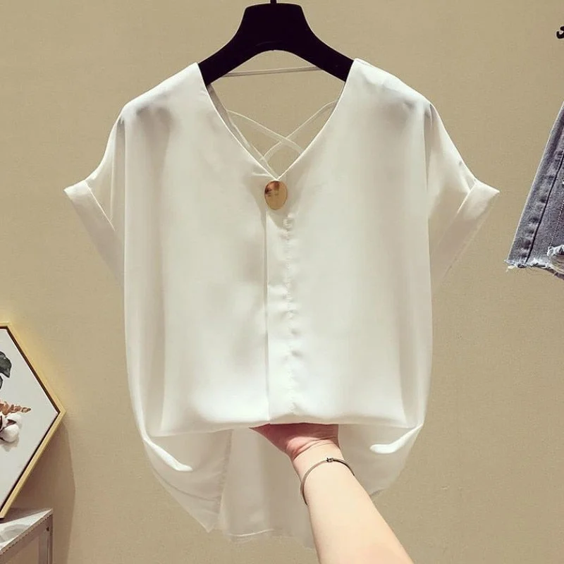 Solid V-neck Chiffon Blouse Blusas Mujer De Moda Summer New Korean Loose Short Sleeve Office Lady Clothes White Tops Blusas 9306