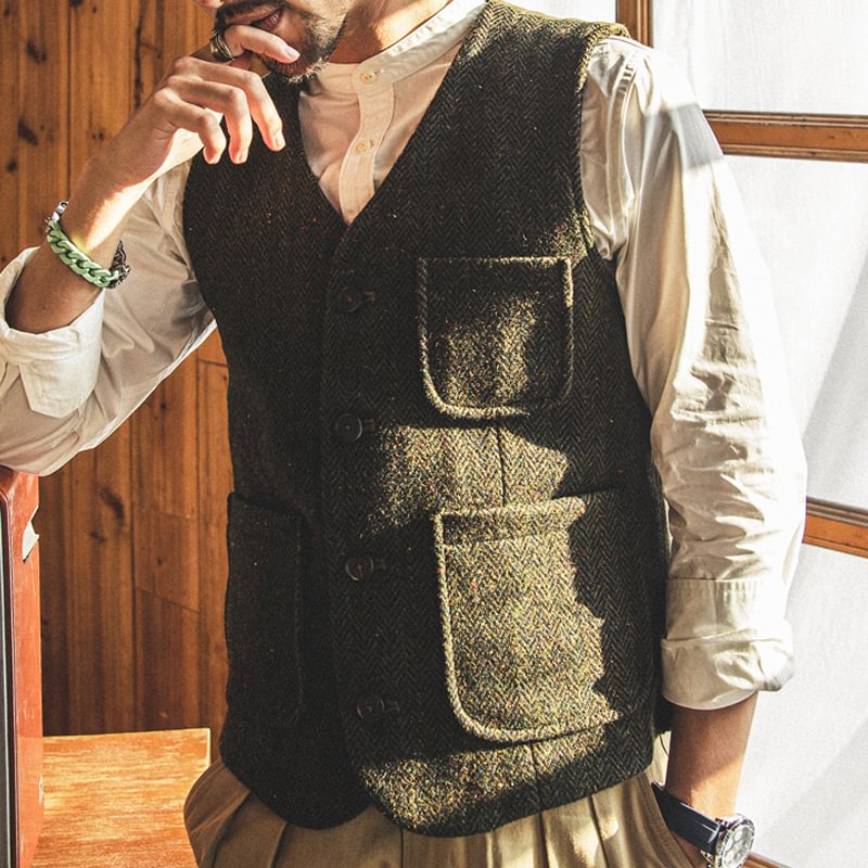 Vintage Gentleman's Wool Tweed Green Vest