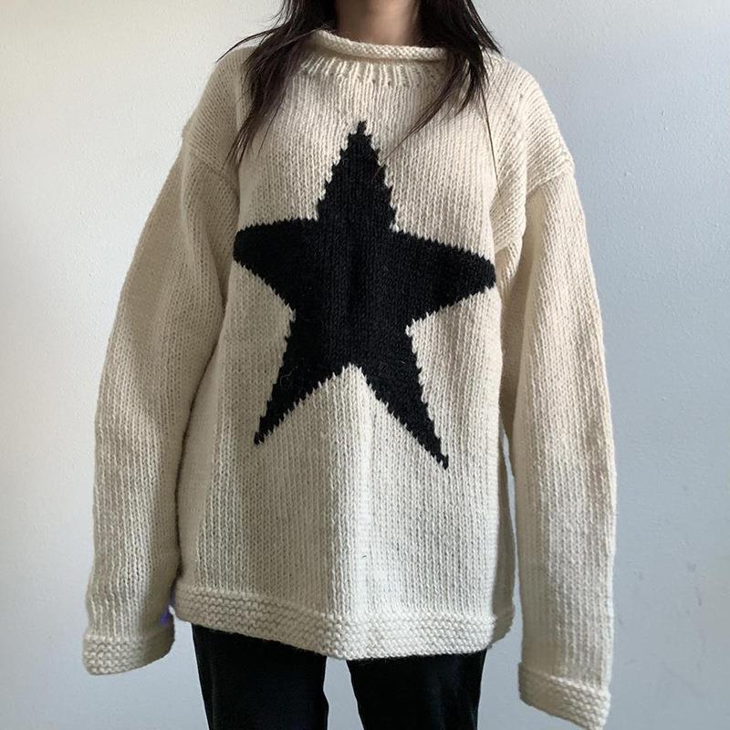 STAR CONTRAST LOOSE PULLOVER SWEATER