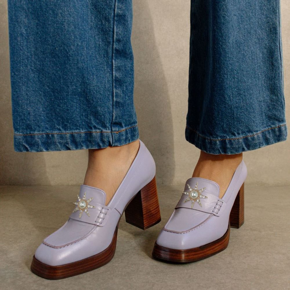Purple Pearl Platform Square Toe Loafers Block Heel Nicepairs