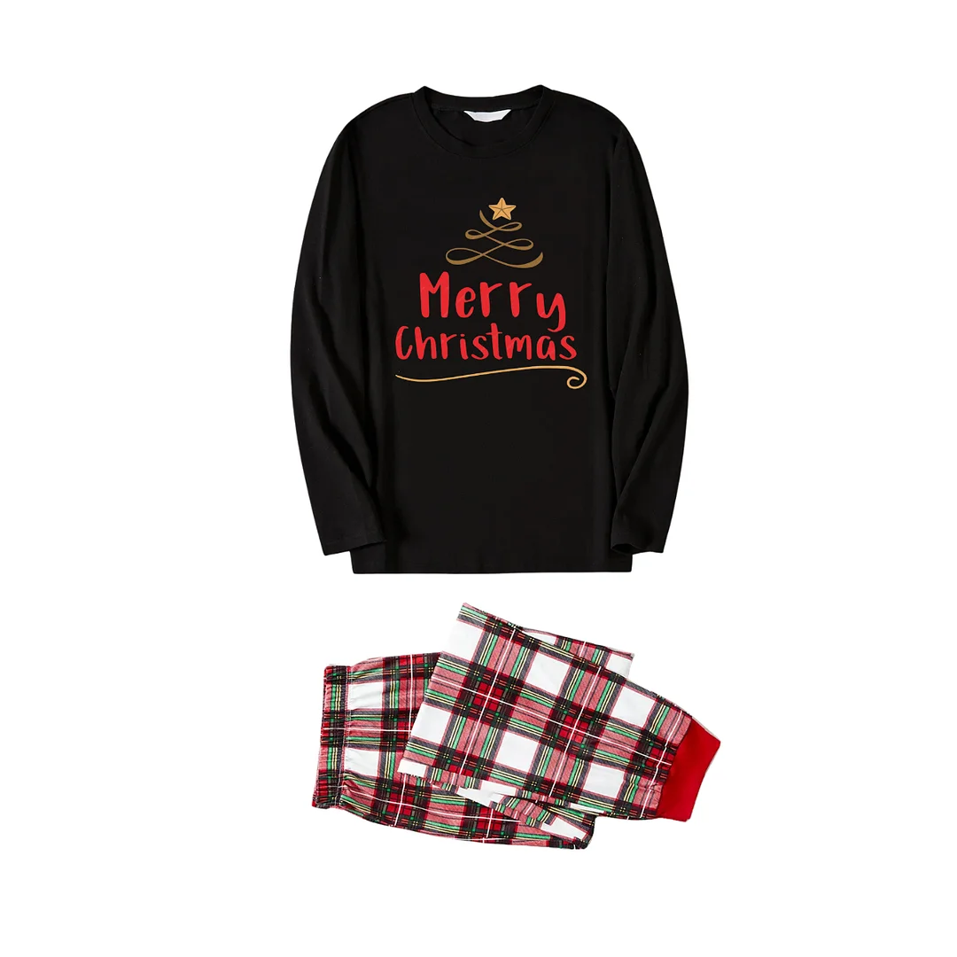 Merry Christmas Under Tree (Gold) - Black Top with Red & White & Green Plaid Pants Family Matching Pajama