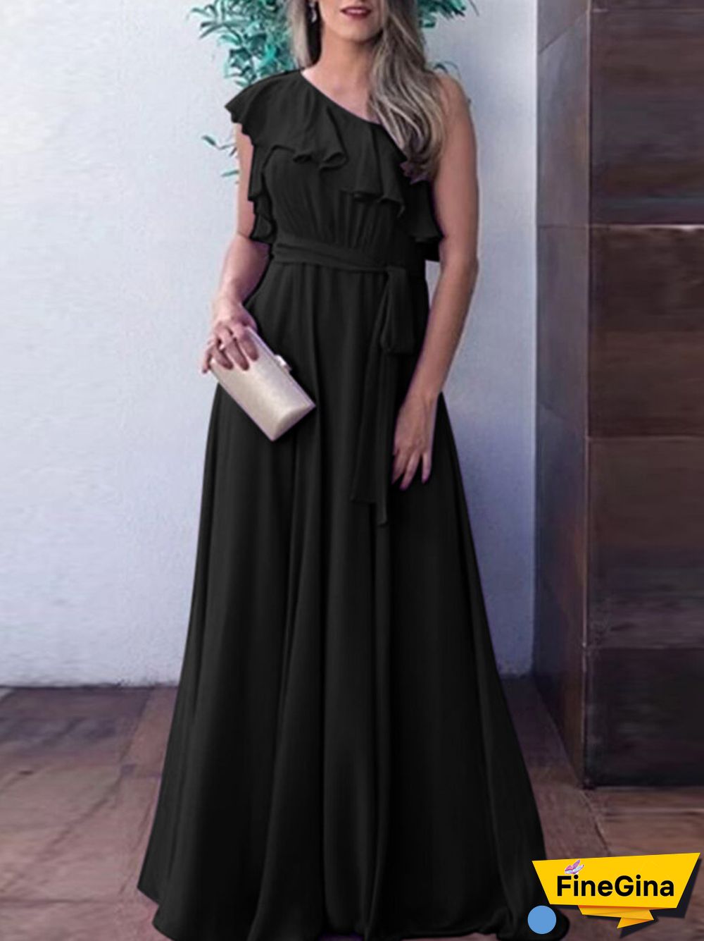 Asymmetrical One Shoulder Ruffle Belt Solid A-line Maxi Dress