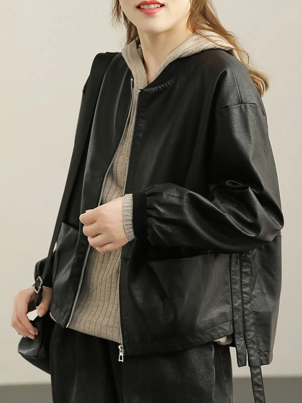 Vintage Solid Color Zipper High-Low Split-Joint PU Jacket Outerwear