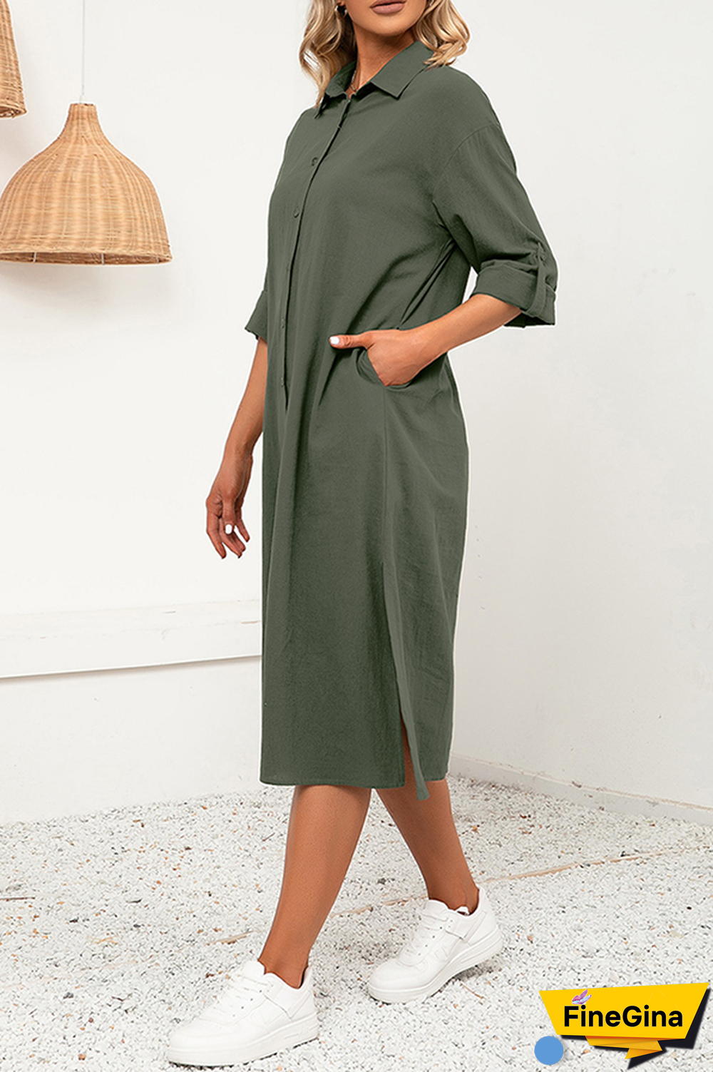 Casual Solid Split Joint Buckle Turndown Collar Shirt Dress Dresses