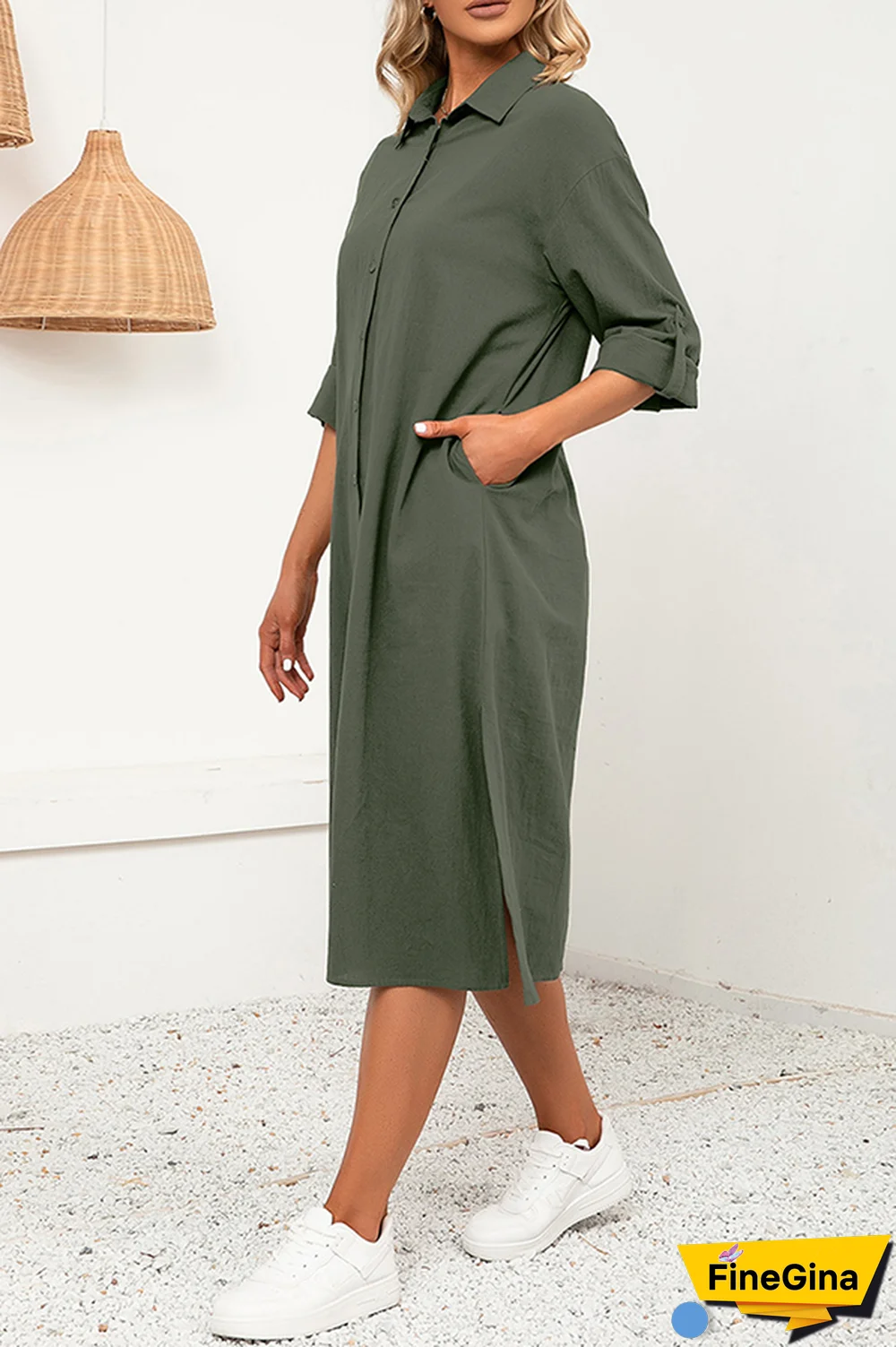 Casual Solid Split Joint Buckle Turndown Collar Shirt Dress Dresses