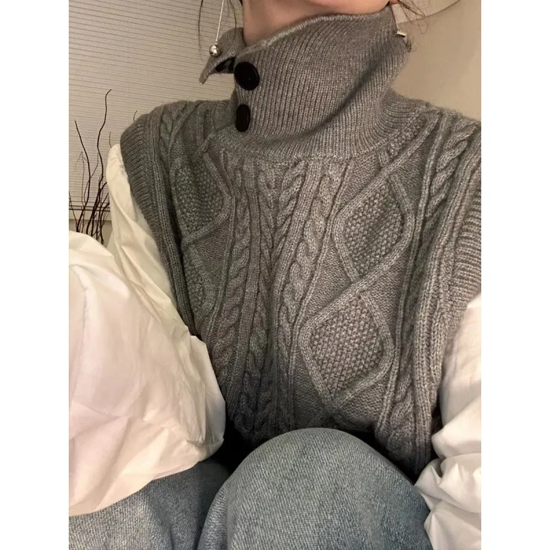 Churchf Churchf 2024 New European Goods Button High-Neck Knit Vest Female Retro Button Pure Color Rhomenge Vest Tide