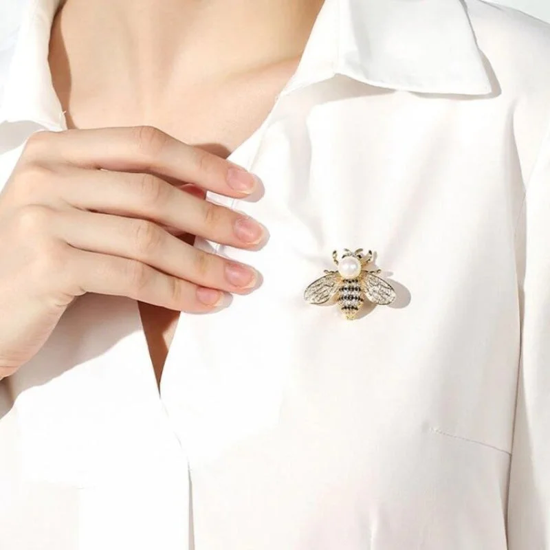 Delicate Rhinestone Bejeweled Honey Bee Pearl Brooch Pins