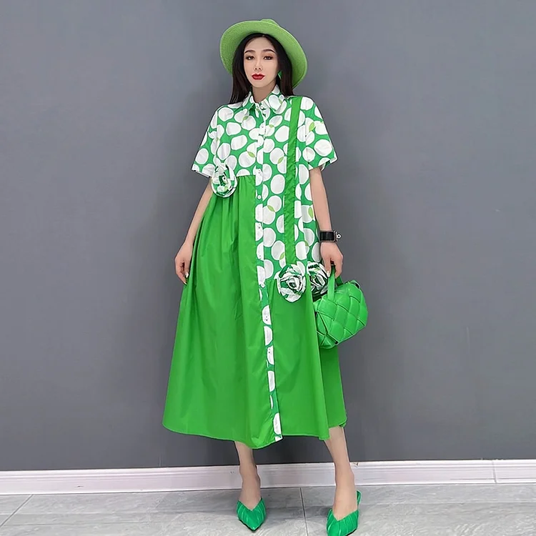 Fashion Loose Turn-down Collar Dot Print Flower Decor Single Breasted Short Sleeve Dress 