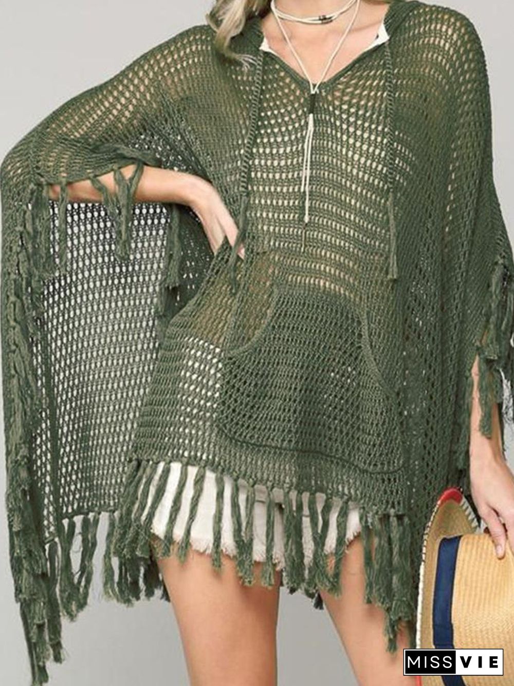Boho Hollow-out Tassel DesignArmy Green Cover-up P10319