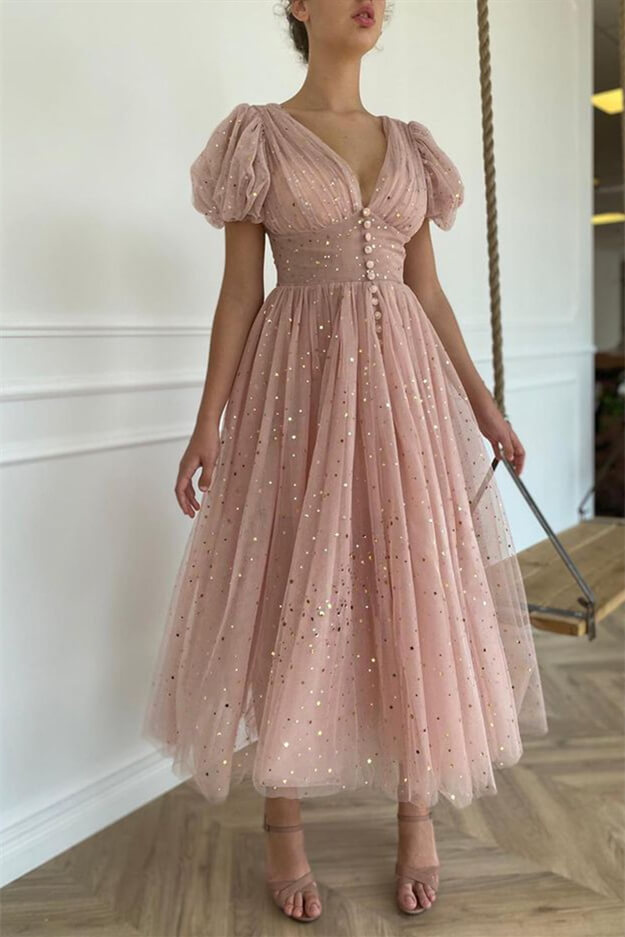 Bellasprom Dusty Pink Short Sleeves Evening Dress Tulle V-Neck With Sequins Button Bellasprom