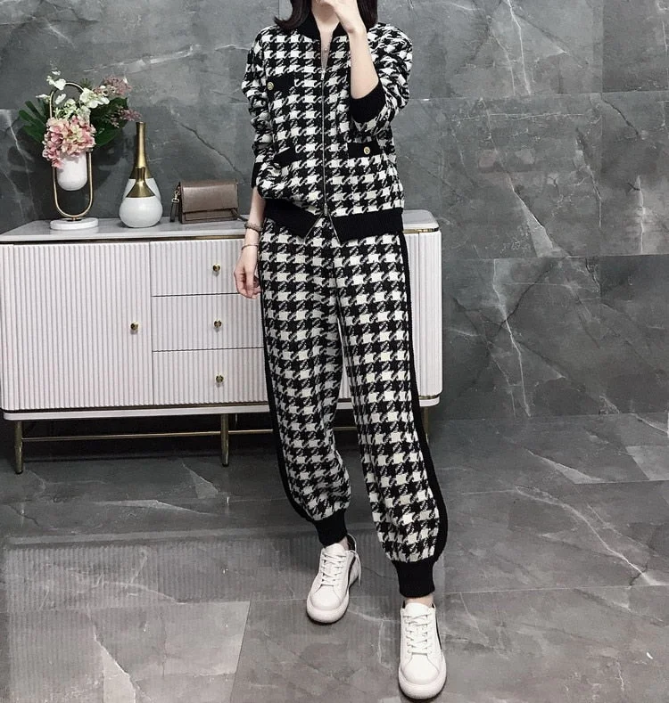 Women Fall Knit Sweatshirts Suit Knitted Tracksuit Houndstooth Black 2 Piece Set Zipper Plaid Cardigan Coats Pants Two Piece Set