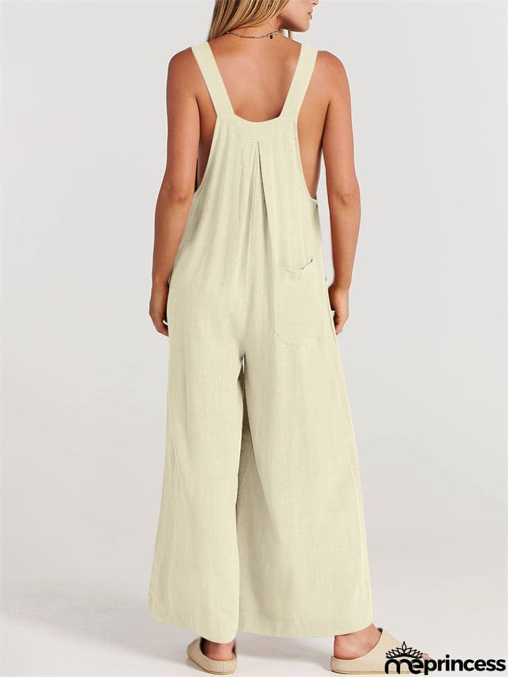 Summer Female Plus Size Solid Color Suspender Jumpsuits with Pockets