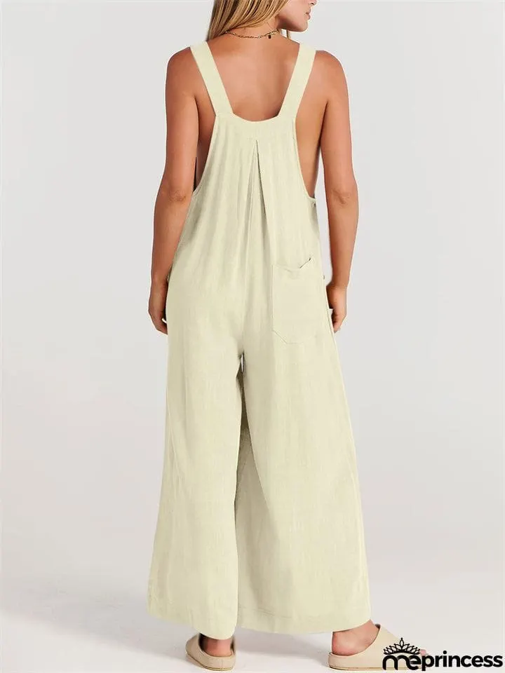Summer Female Plus Size Solid Color Suspender Jumpsuits with Pockets