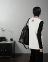 Deep V-neck Loose Pure Merino Wool Knitted Vest--Dark gray/White