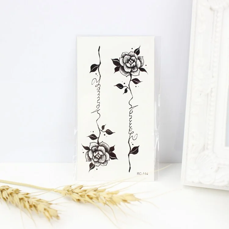 Tattoo Stickers Rose Flower English Letters Leaf Plant Body Makeup Art Waterproof Flash Tatoo Fake Tattoos for Men Women Kids