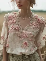 Bohemian Retro Style Plant Flower Design Women's Linen Short-sleeve Top