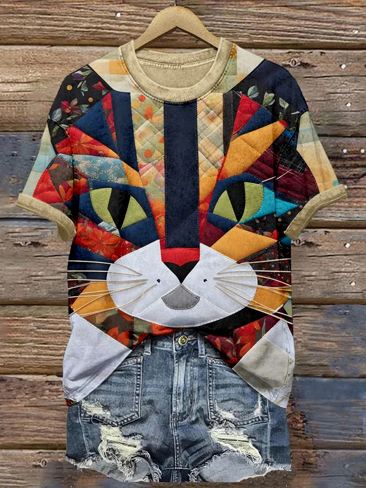 Cute Cat Patchwork Art Crew Neck Comfy T Shirt