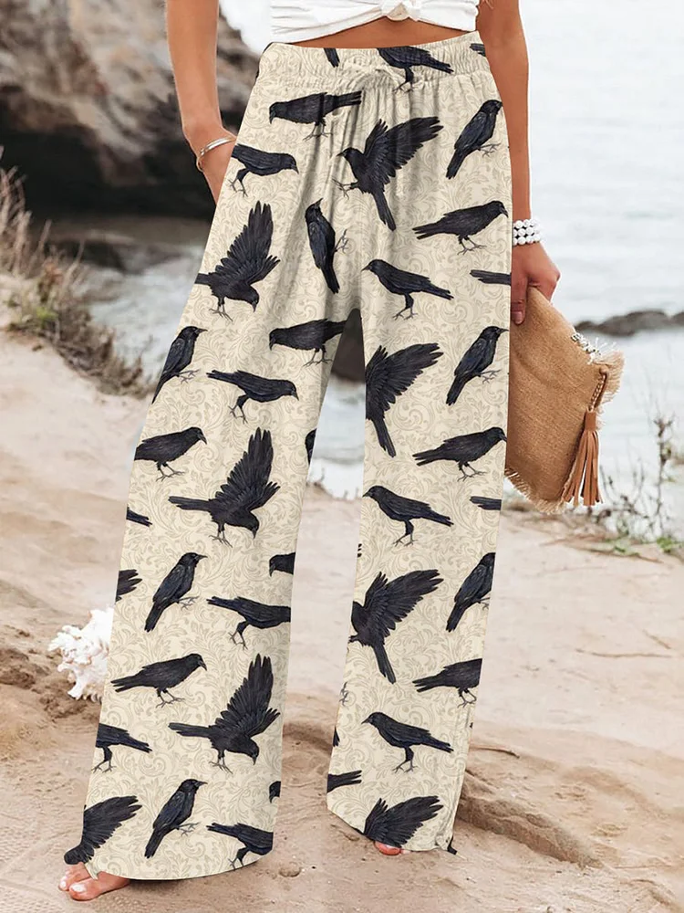 Women's Crow Art Print Cotton and Linen Casual Pants