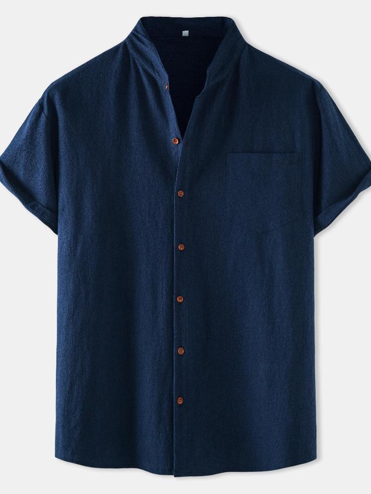 Men'S Cotton And Linen Thin Section Loose Pure Color Leisure Shirt PLUSCLOTHESMAN