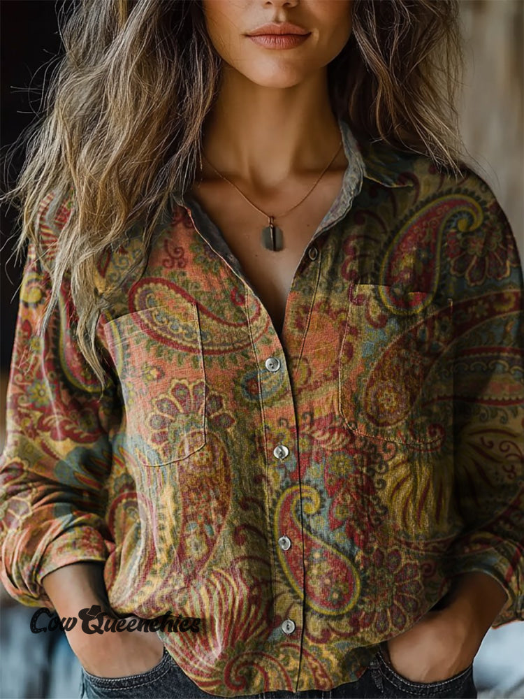 Women’s Retro Paisley Floral Print Casual Long Sleeve Comfortable Cotton Shirt Multicolor / S
