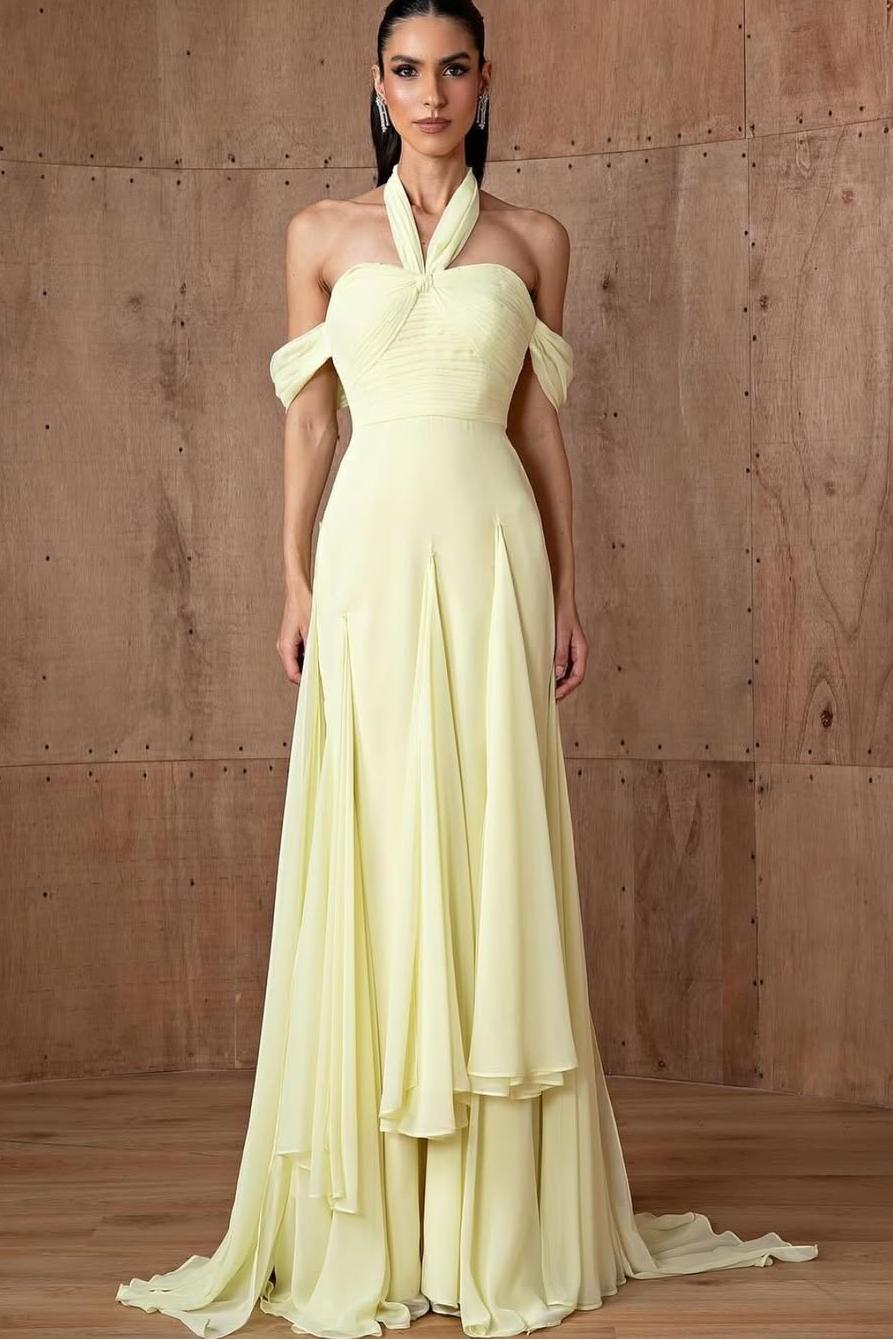 Lussooy Gorgeous Halter Off the Shoulder Daffodil Chiffon Prom Dress with Pleated  