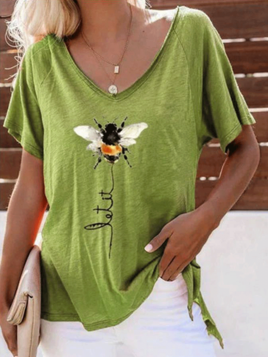 V-neck Short Sleeve Loose Bee Print T-shirt