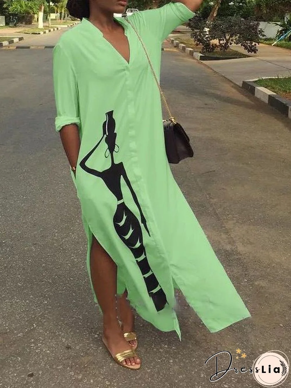 Women'S Dresses Printed Buttons Slit Shirt Dress