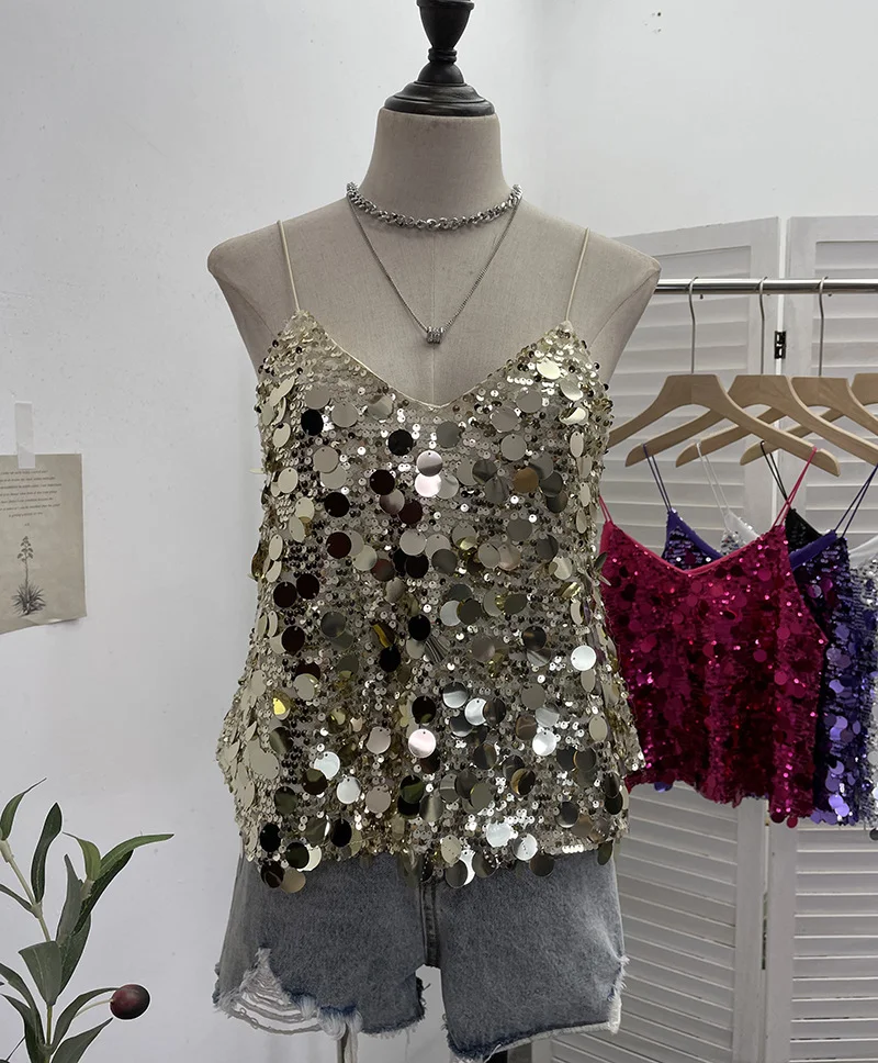 Nigikala Nigikala Shoot Hottie Sexy Night Club Heavy Bling Flash Shiny V Tie Sling Vest Sleeveless Top 3032