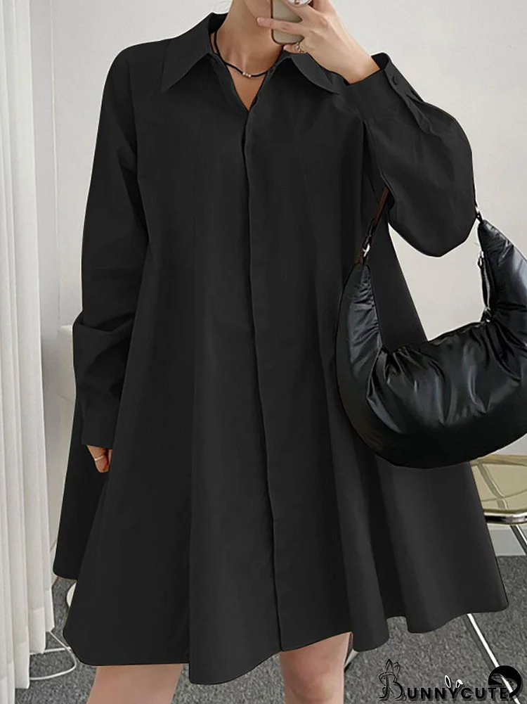 Solid Long Sleeve Lapel Button Front Casual Shirt Dress