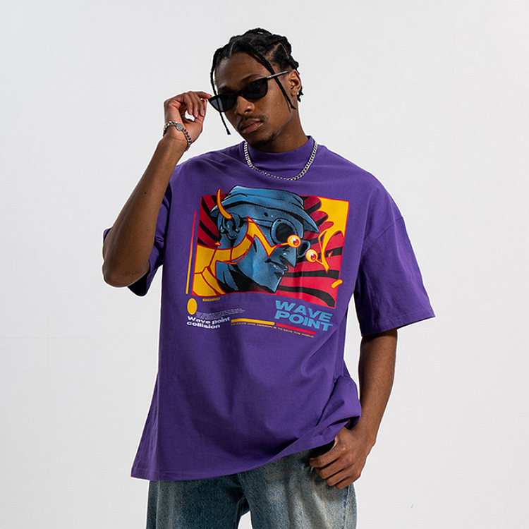 Retro Cartoon Color Contrast Portrait Print Short-Sleeved Half-High Collar Loose T-Shirt at Hiphopee