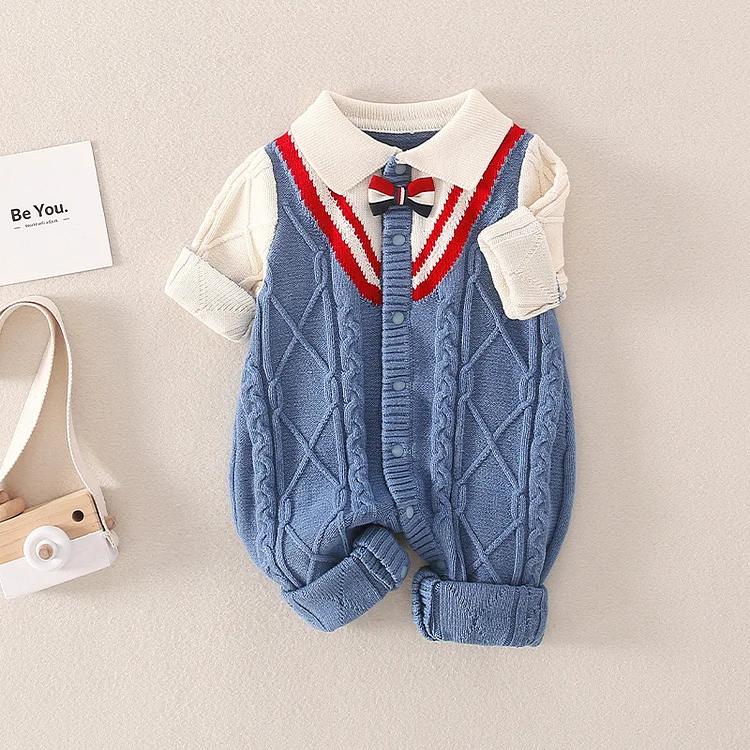 Baby Boy Polo Collar 3D Bowknot Block Color Long Sleeve Knitted Romper