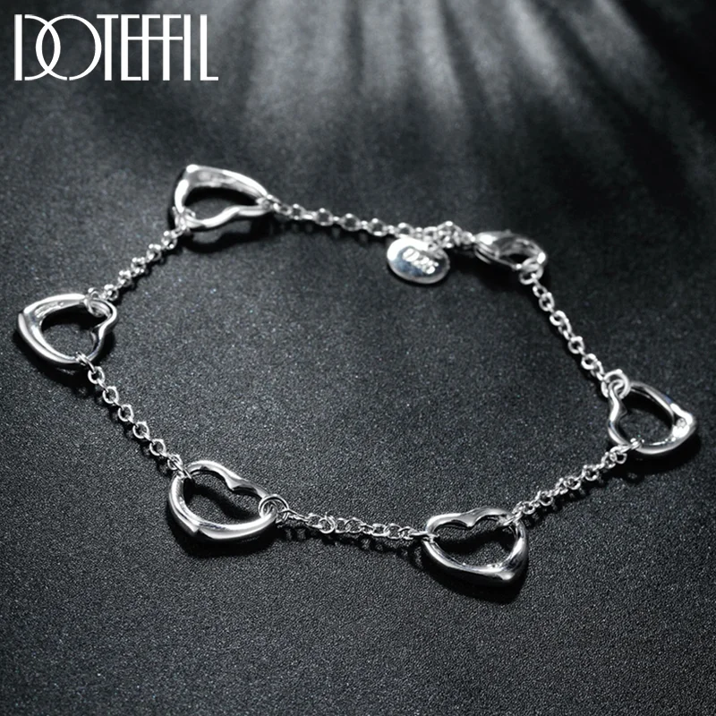 DOTEFFIL 925 Sterling Silver Five Heart Chain Bracelet For Women Jewelry