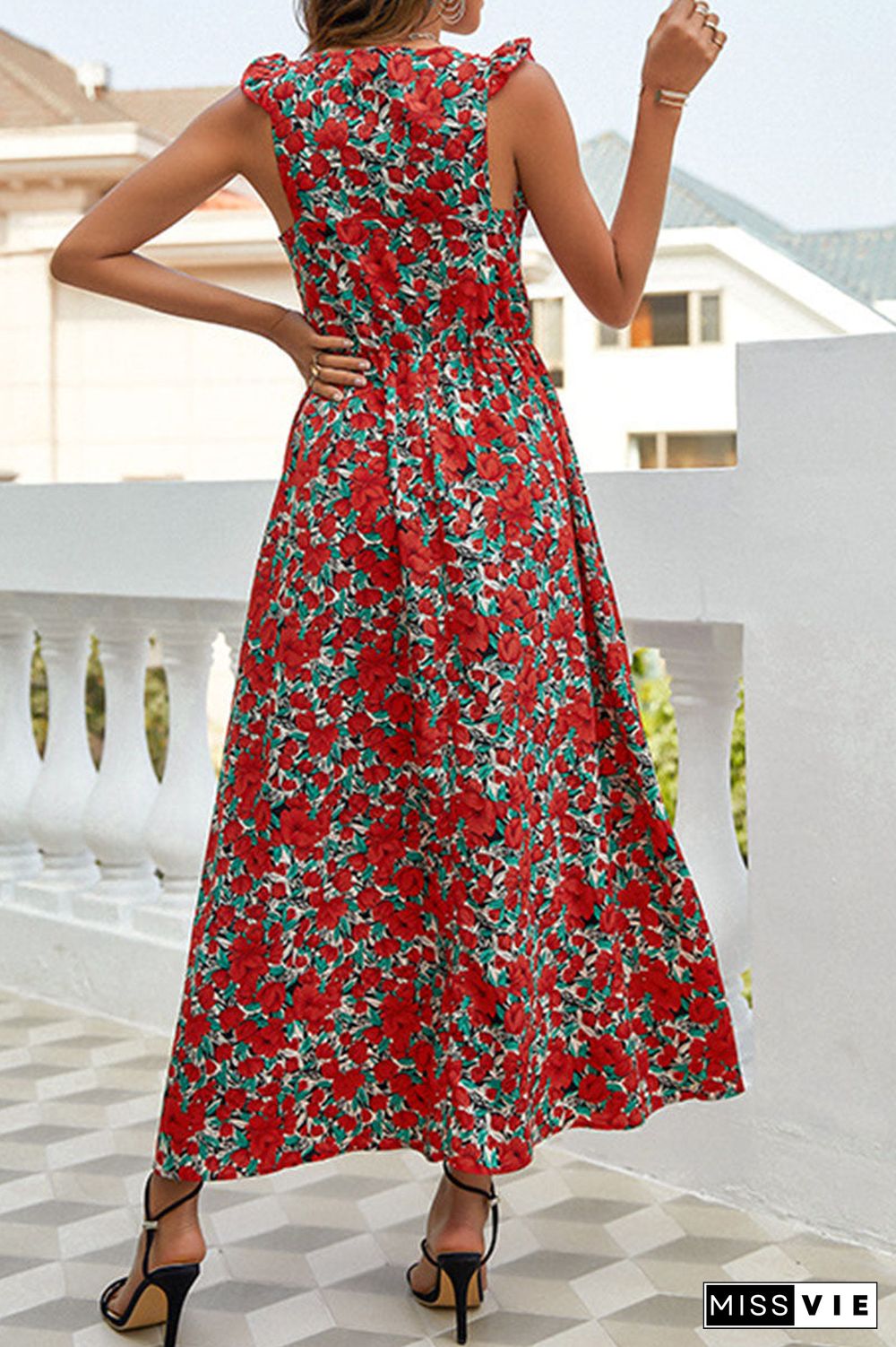 Fashion Elegant Print Split Joint Spaghetti Strap A Line Dresses