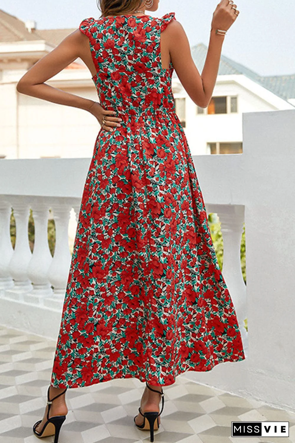 Fashion Elegant Print Split Joint Spaghetti Strap A Line Dresses