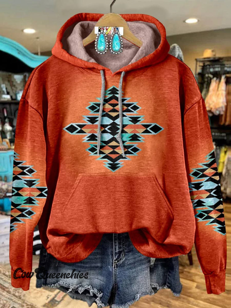 Orange Aztac Print Casual Hoodie Sweatshirt Multicolor / S