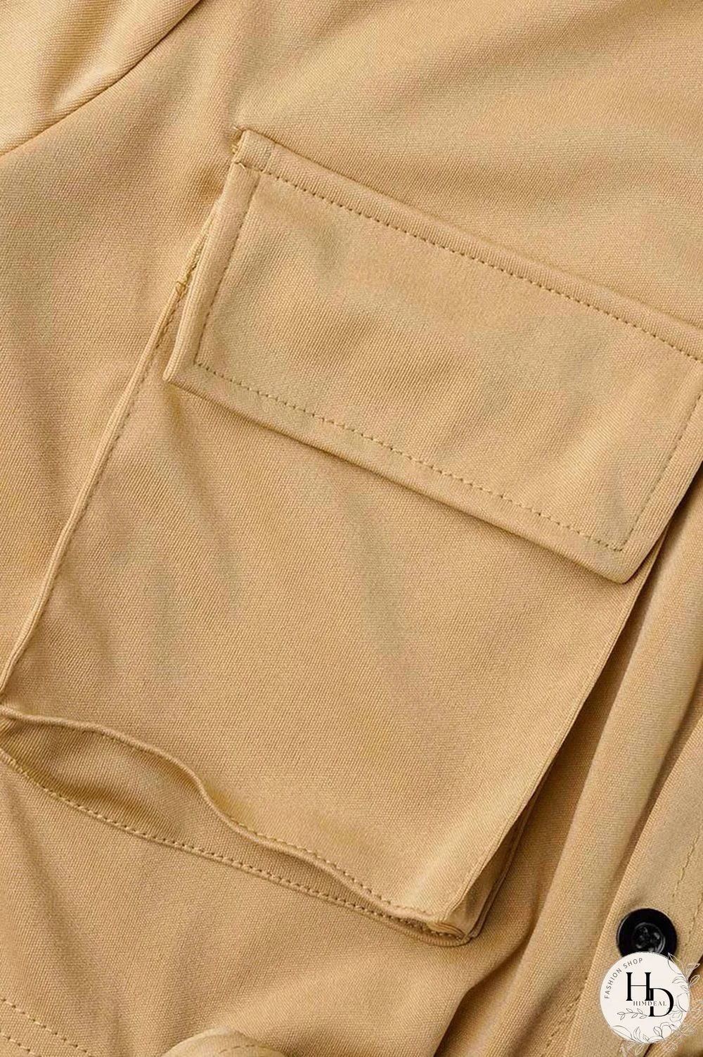 Khaki Casual Solid Bandage Patchwork Pocket Buckle Turndown Collar Short Sleeve Two Pieces