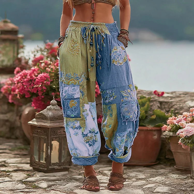 Women's Vintage Floral Embroidery Art Contrast Color Linen Blend Casual Pants