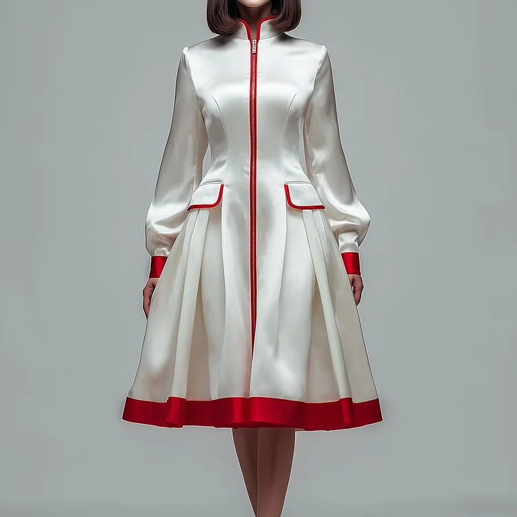 Ursime Red Trim Lantern Sleeve Zip Up Satin Midi Dress