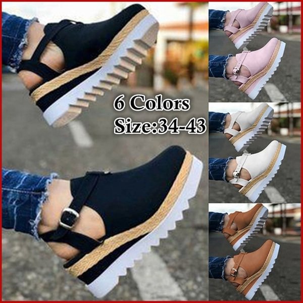 Sandal for Women Wedge Slippers High Heel buckle ankle with women's canvas shoes casual decorative rubber sole open toe sandals - Shop Trendy Women's Clothing | LoverChic