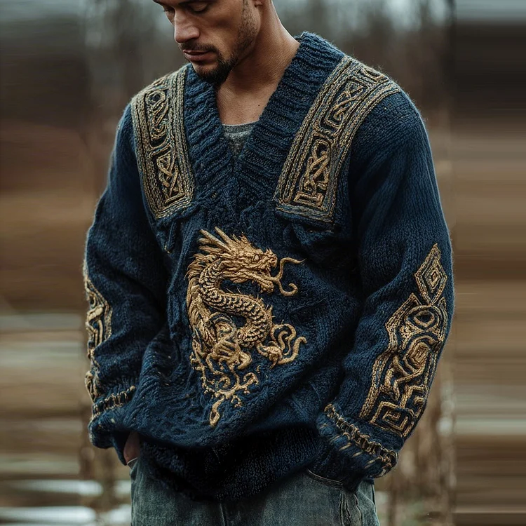 Men's Vintage Viking Dragon Celtic Knot Art Knit Aran Sweater