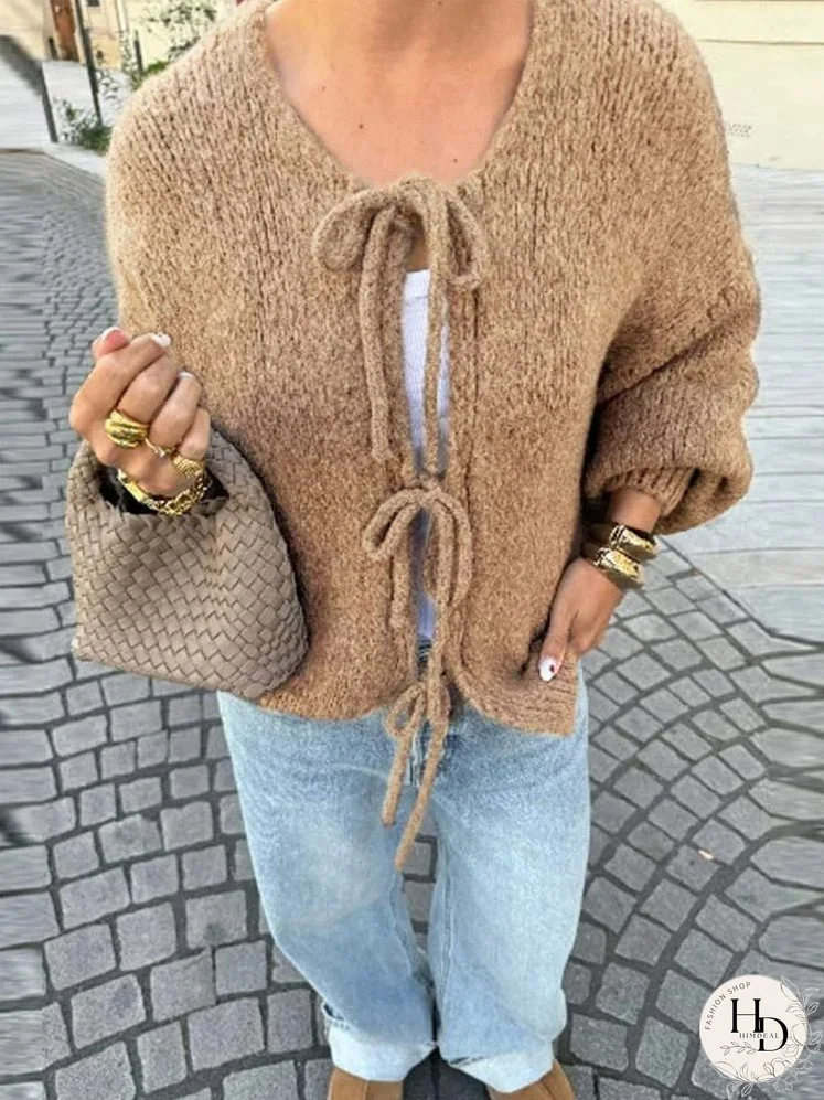 Fashion Casual Brown Lace Up Bow Knitted Cardigan O-neck Long Sleeve Hollow Out Sweater 2024 Autumn Female High Street Knitwear