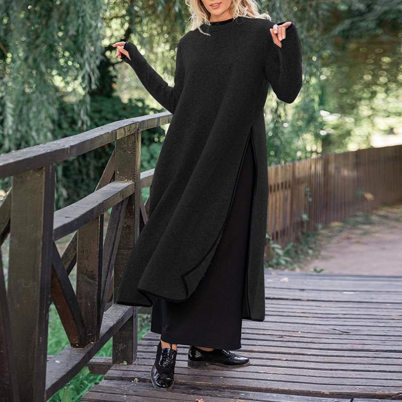 Maxi Long Dress VONDA Autumn Loose  O Neck Side Split Fashion Pullover Maxi Sweatshirt Dresses Asymmetric Vestidos Femme Robe