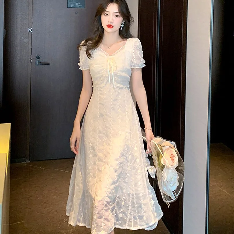 Jangj Summer New French Dress Gentle Korean Version Sweet High Waist Thin Fashion Solid Color Lace Chiffon Skirt Women's Clothing