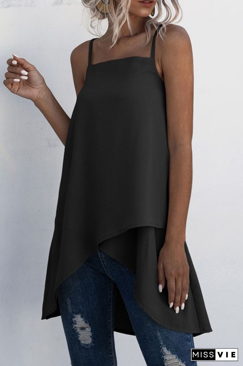Fashion Casual Solid Split Joint Asymmetrical Spaghetti Strap Tops