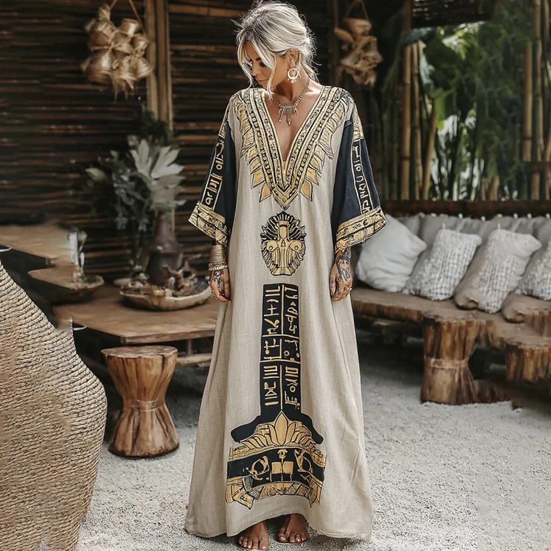 Women's Vintage Ancient Egyptian Art Casual V Neck  Linen Dress